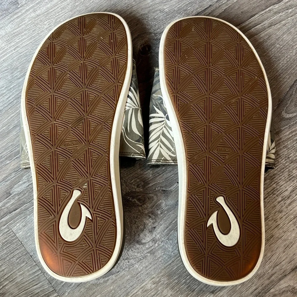 Olukai Maha Olu Slide Mens Olive Green Palm Print Sandals 10517 Size 11